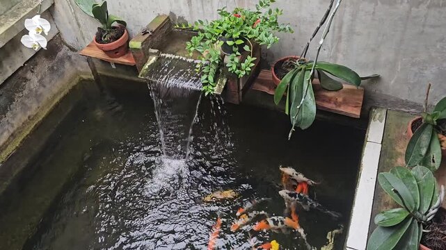 Japanese koi pond waterfall, indoor aquatic garden setup, Phalaenopsis orchid houseplants around water, swimming Cyprinus rubrofuscus, peaceful home backyard fish basin