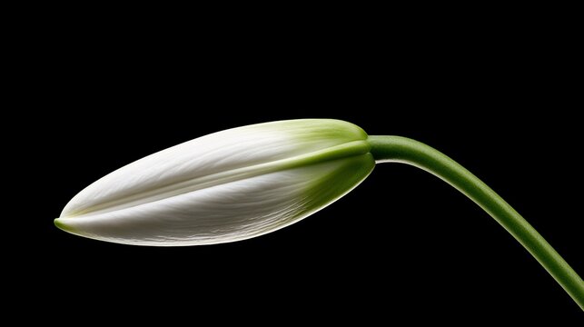 villainy. A single white lily bud on a dark background, soft light. gardening catalogs, home-decor guides, designed for home decor and floral branding and gardening and botanical catalogs.