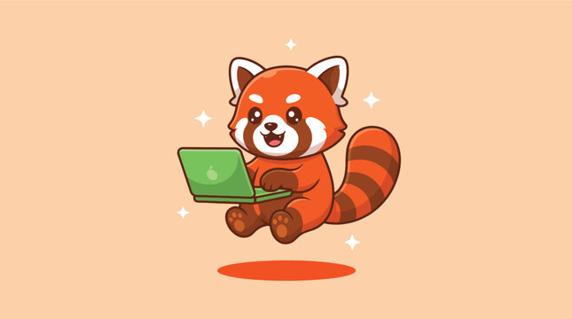 Cute red panda working on a green laptop illustration.