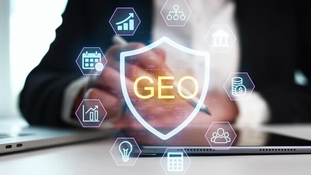 A person is using a digital device with icons related to geo security around them. The work setting shows a blend of technology and data management activities, focusing on security.
