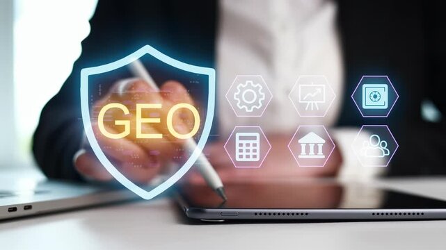 A business professional sits at a desk in a modern office. They are focused on a tablet and surrounded by graphics representing cybersecurity concepts, such as GEO.