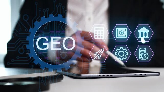 A person sits at a desk in a modern office and uses a tablet. The screen displays digital icons showing geo data and finance topics, suggesting data analysis and financial planning.