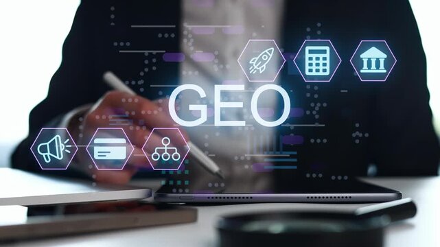 In a modern office, a person interacts with digital graphics showing geo icons. Devices on the desk indicate technology use in business operations.