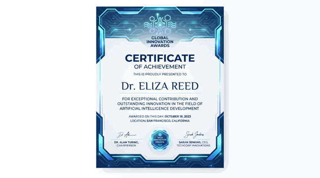 Elegant Futuristic Digital Certificate Template for Professional Achievement, Recognizing Outstanding Innovation in Technology Development
