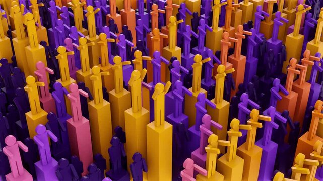 4k loop of abstract 3D infographic with rising bar chart columns and stylized human figures gesturing. Social demographic data analytics and population statistics technology background.