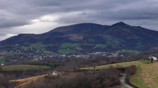 Aerial drone view from the northern Basque Country with the Pyrenees at the back.