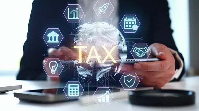 A person is holding a tablet that displays tax-related icons and graphics. The setting is a modern office with a focus on technology and finance.
