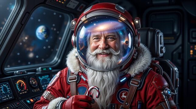 Smiling Santa Claus wearing red astronaut suit inside spaceship cockpit viewing Earth