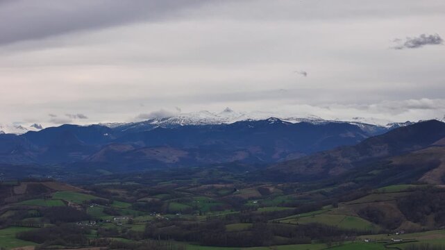 Aerial drone view from the northern Basque Country with the Pyrenees at the back.
