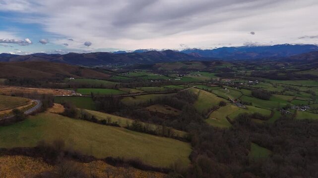 Aerial drone view from the northern Basque Country with the Pyrenees at the back.