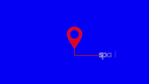 Red Map Location Pin Callout Title Pointer Animation, Spain GPS Marker Indicator Overlay, Blue Background spain location 