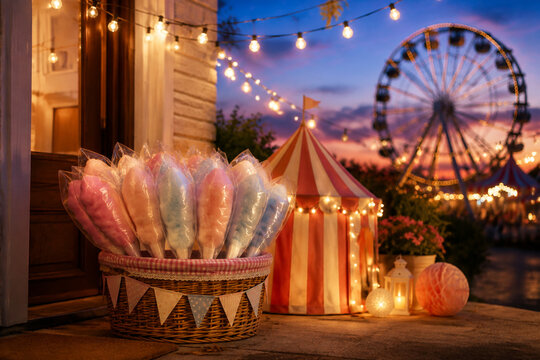 Basket of cotton candy cones, carnival tent decoration, string lights and ferris wheel silhouette, evening fair concept.