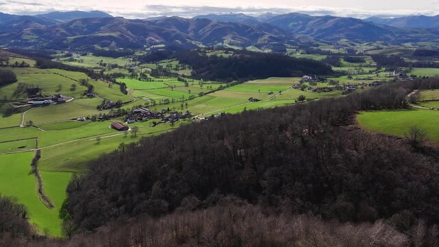 Aerial drone view from the northern Basque Country with the Pyrenees at the back.