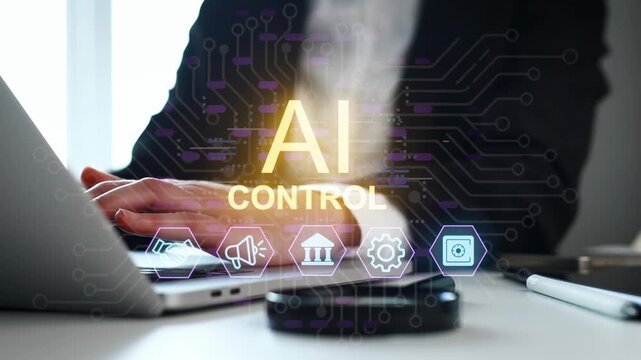 A person works on a laptop while control symbols related to AI appear above the device. The scene takes place in a modern office. Light comes from a nearby window.