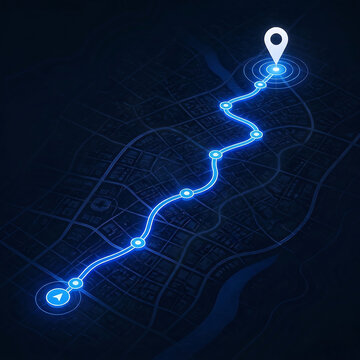 Glowing cyan blue neon curved navigation line with multiple waypoint nodes and destination pin on dark city grid represents futuristic gps routing, itinerary travel tracking concept.