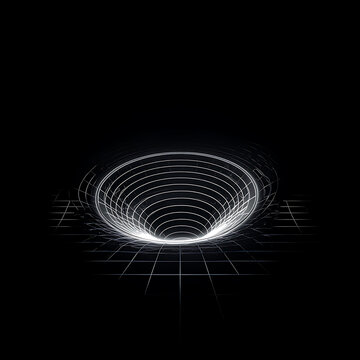 Symmetrical wireframe funnel visualization on dark background represents black hole physics or data compression concepts for scientific educational materials and tech infographics.
