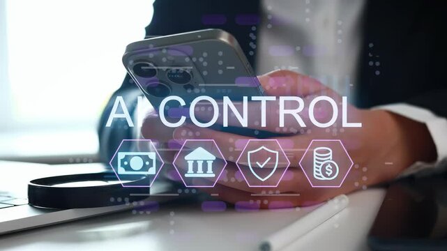 A person is holding a smartphone that shows various icons related to AI control. The location is an office, with a desk and some items visible.