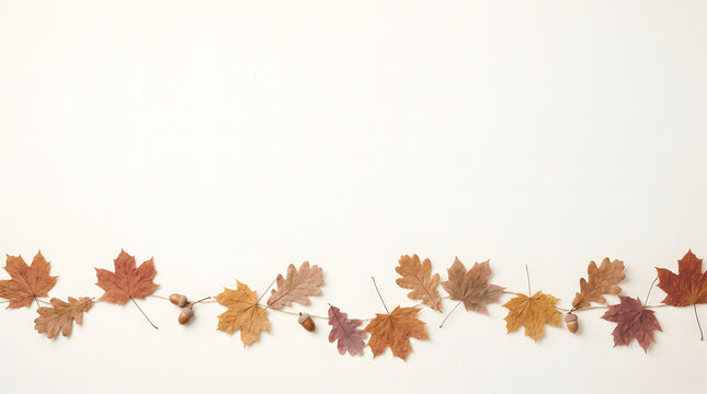 A beautiful border of colorful autumn leaves arranged along the bottom edge against a clean white studio background space