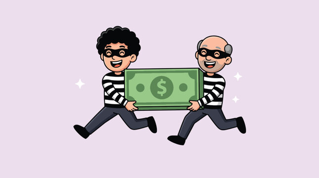 Two cartoon robbers wearing masks running away with a large stack of money.