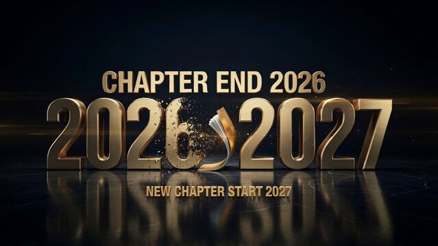 Golden 2026 to 2027 transition, luxury New Year 2027 celebration, elegant chapter end 2026 and new chapter start 2027
