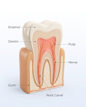 Tooth diagram identifies enamel dentin pulp nerve and root canal. Concept of dental education, oral health, treatment explanation, tooth pain, hygiene, and dentistry reference.