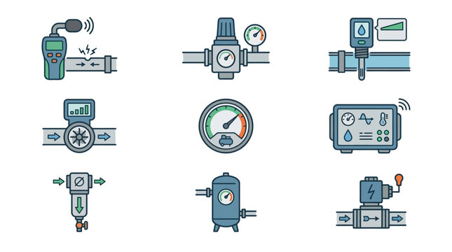 A practical flat vector icon set illustrating acoustic air leak detectors, pressure regulators, dew point sensors, and flow meters for smart compressed air management, pneumatic system monitoring, and