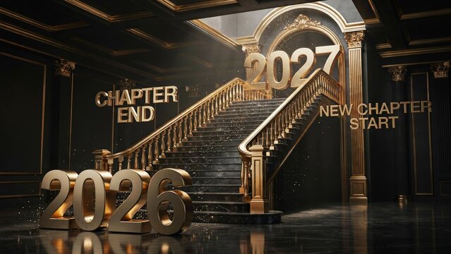 Elegant 2027 New Year transition, luxury gold staircase with 2026 and 2027 numbers, new chapter start concept