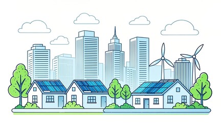 Obraz premium Eco friendly city landscape with solar panels on houses and wind turbines