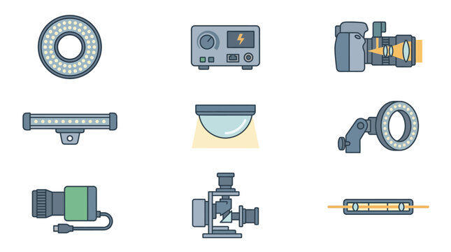 A technical flat vector icon set illustrating ring lights, dome backlights, strobe controllers, and coaxial modules for industrial vision lighting, high speed camera illumination, and machine vision i