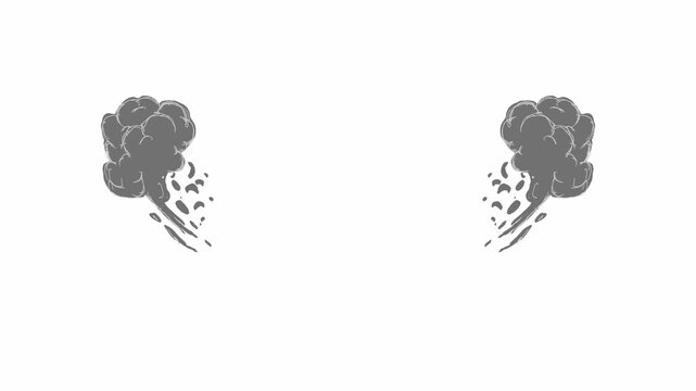 Cartoon smoke explosion effect animation, 2d hand drawn dust blast element loop with alpha channel, isolated on white background.