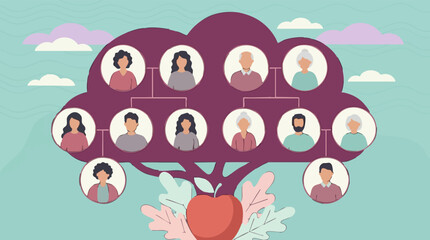 Fototapeta premium Generational Family Tree with Diverse People and Apple Illustration