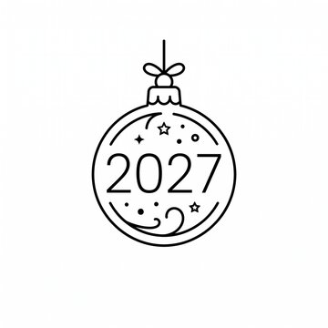 2027 Christmas bauble outline icon, festive New Year holiday ornament vector illustration.
