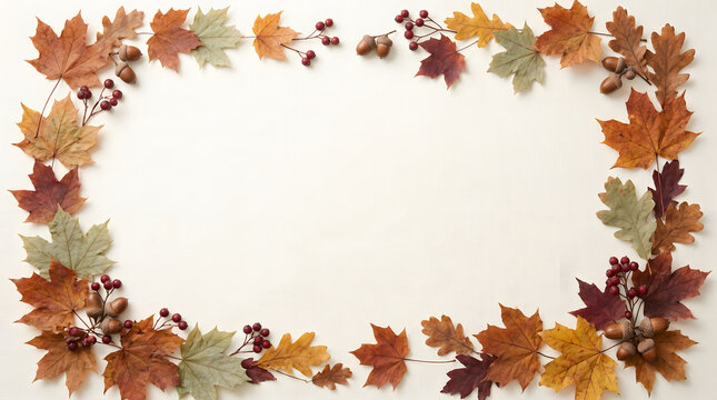 A festive autumn border made of colorful fallen leaves and small berries arranged on a plain white background surface