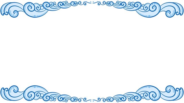Elegant blue swirling water wave border frame isolated on white background.