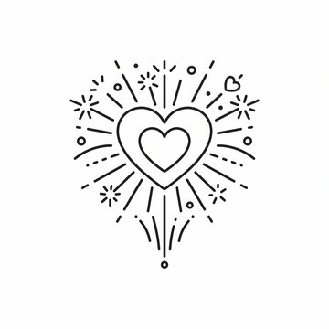 Heart fireworks line art icon, romantic celebration symbol for wedding and valentines day