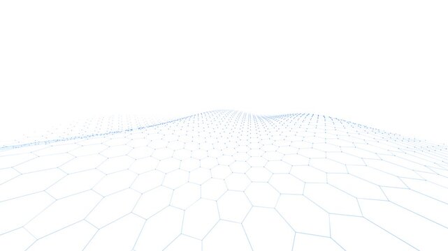 Abstract white background with light blue waving hexagon wireframe mesh. This seamless 3D tech motion graphic loop is perfect for science and digital data network videos.
