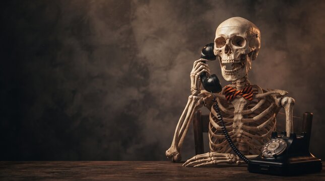 A human skeleton sitting at a desk while talking on an old vintage rotary telephone