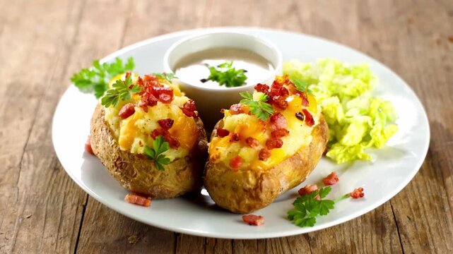 loaded baked potatoes with cheese and sauce, close-up angle
