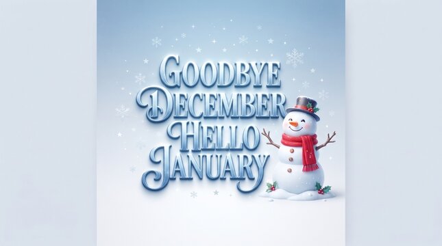 Goodbye december hello january text with a cute snowman standing on a snowy winter background