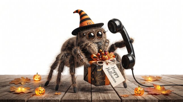 Cute jumping spider wearing a witch hat talking on a vintage telephone for halloween celebration