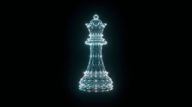 Glowing wireframe chess king piece against dark background