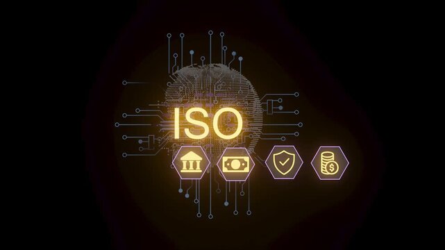 The display shows the term ISO with digital elements surrounding it, indicating themes related to technology, finance, and security. It highlights key components.