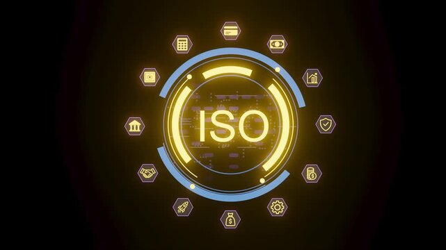 The design shows the ISO acronym in a central circle surrounded by various icons representing different industries. This setting highlights the importance of standards in modern processes.
