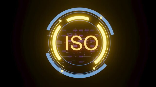 The letters ISO in the center with circular patterns around it. The colors include yellow and blue with a dark background to create contrast.