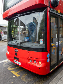 London. UK-September 02.2026. The front of an all electric London double decker bus with the BYD emblem on the front.