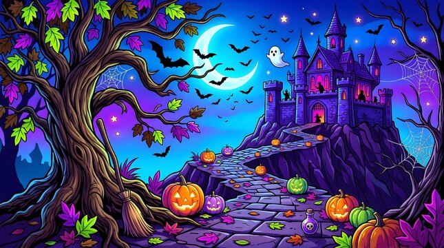 A vibrant vector illustration depicts a haunted castle illuminated by a full moon with bats and pumpkins halloween spooky moonlight ghost nightscape