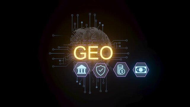 A design shows the word GEO in large letters with a globe graphic in the background. Surrounding icons represent finance, security, and global networks. The setting highlights technology.