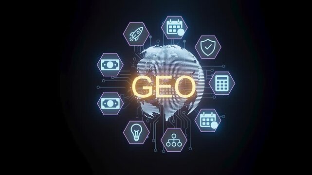 A glowing globe is surrounded by hexagonal icons that represent various technology and data concepts. The scene takes place in a digital-themed setting.