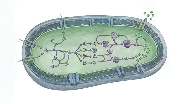 Detailed biological diagram of a bacterial cell showing metabolic pathways
