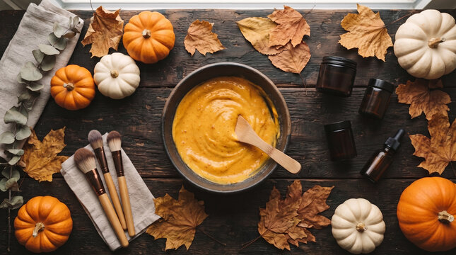 Top view of a homemade pumpkin face mask in a bowl with autumn decorations